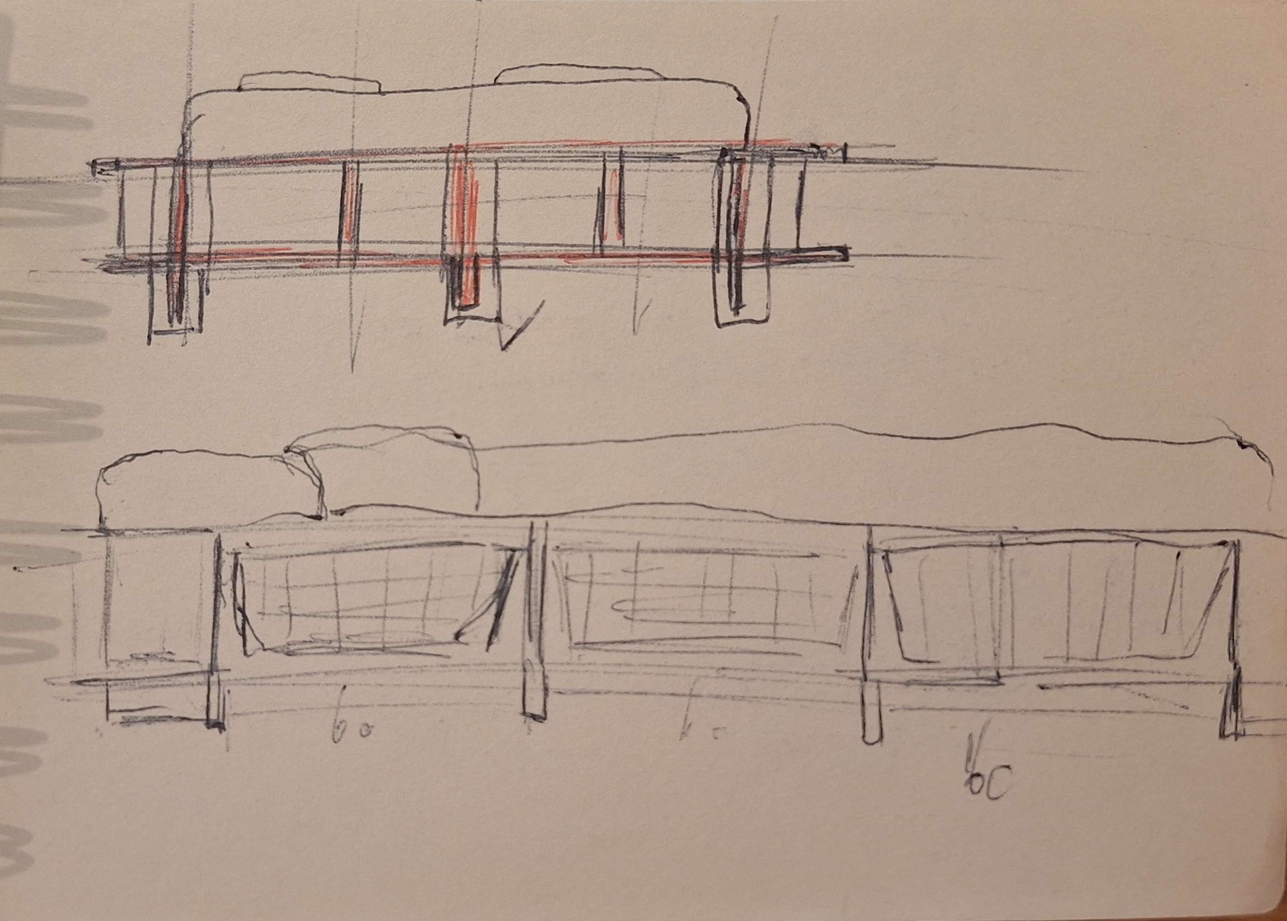 Elevation sketches of the slat sections with structural beams highlighted